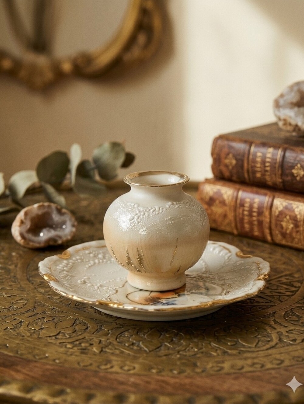 Cherish Porcelain Mini Bud Vase With Saucer In Cream & Gold